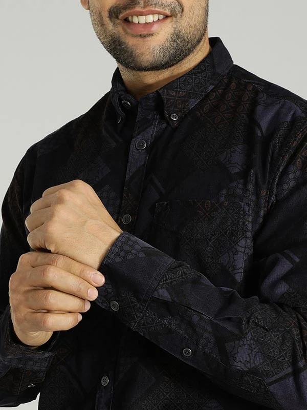 Indian Terrain Men's Slim Fit Full Sleeve All Over Print Navy Shirt